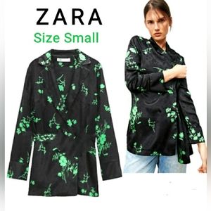 ZARA Black Green Floral Jacquard Double Breasted Satin Jacket Blazer- Size Small